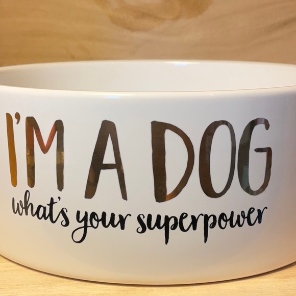 “I’M A DOG/what’s your super power” stoneware dog bowl w/gold lettering - Picture 2 of 4